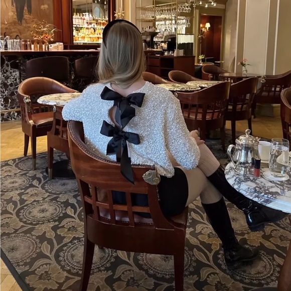 H&M viral bloggers fav white sequin black bow ribbon tie front cardigan / blouse - Picture 11 of 13